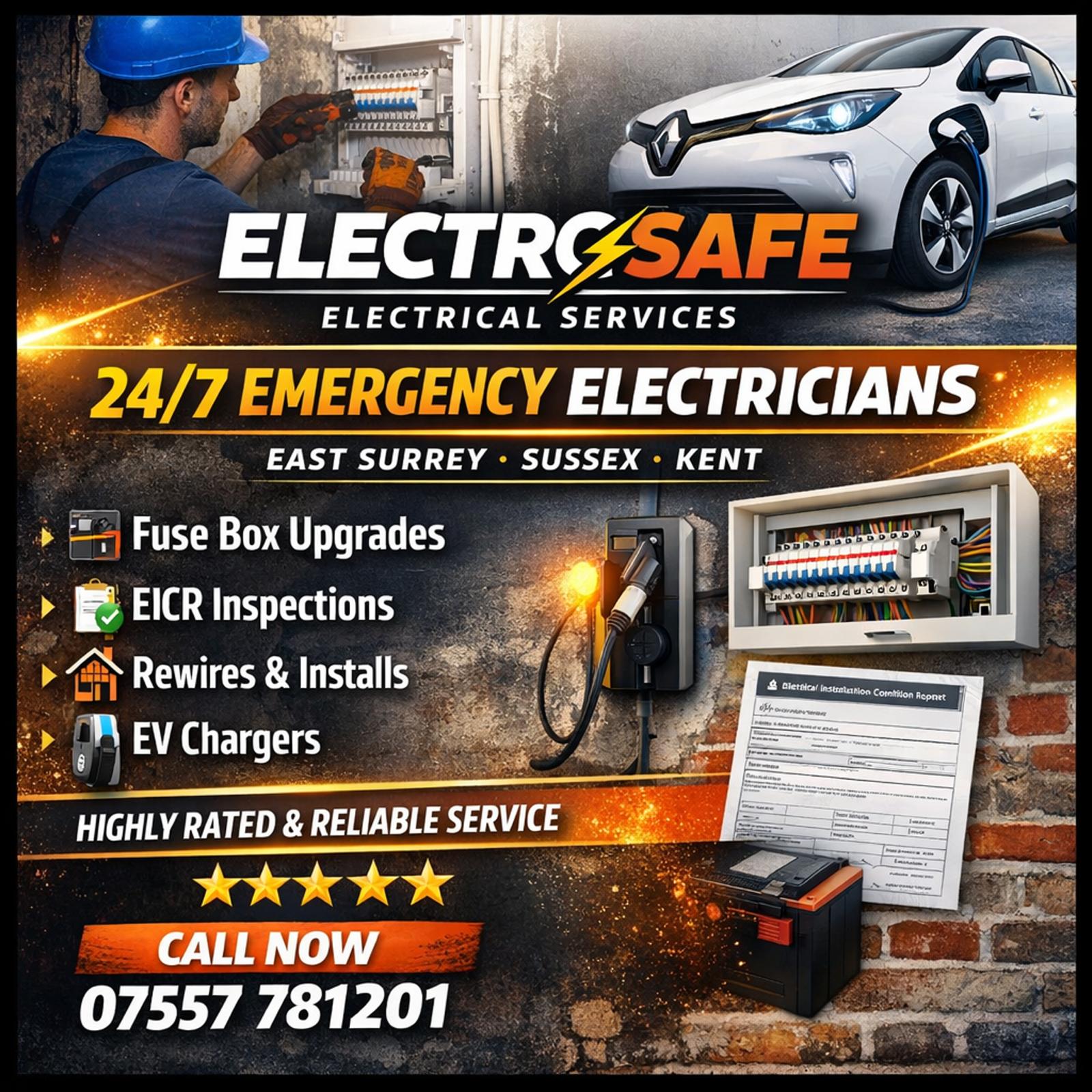 ElectroSafe 24/7 emergency electricians — fuse box upgrades, EICR inspections, rewires and EV charger installation across East Surrey, Sussex and Kent